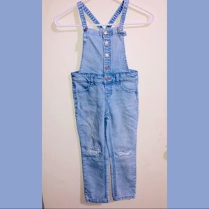 Blue jean distressed overalls